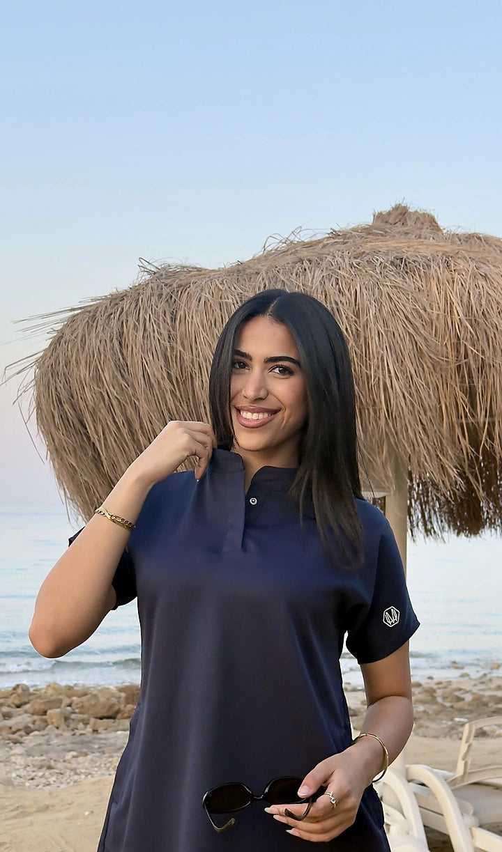Female half collar navy blue scrub