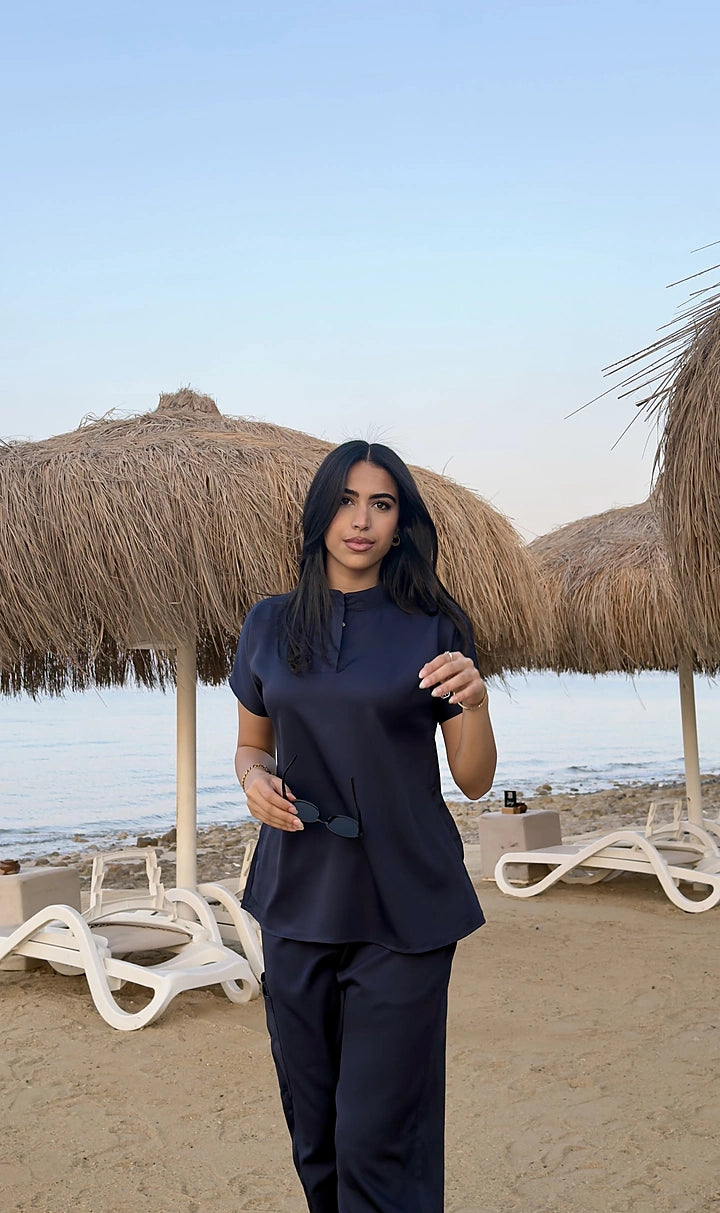 Female half collar navy blue scrub