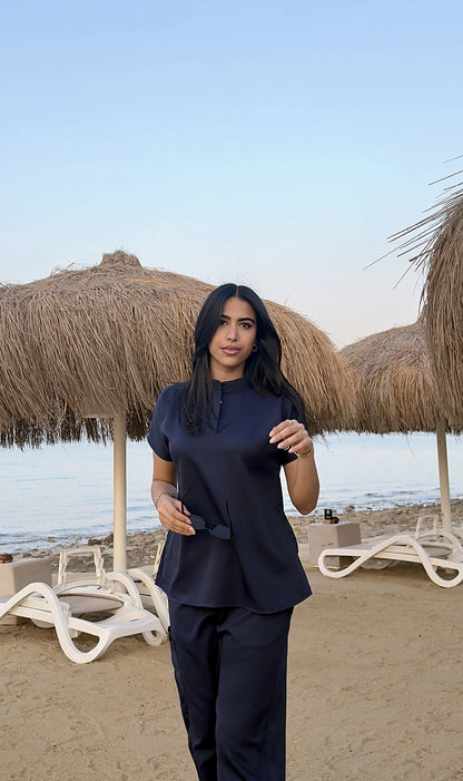 Female half collar navy blue scrub