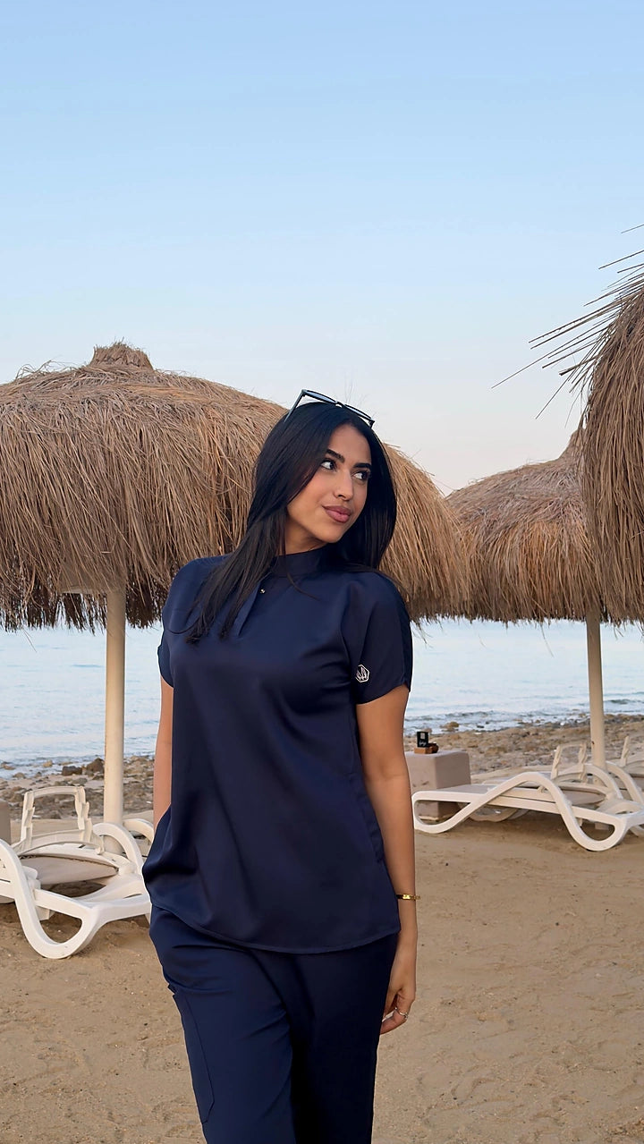 Female half collar navy blue scrub