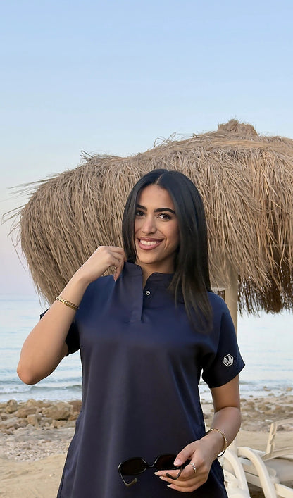 Female half collar navy blue scrub