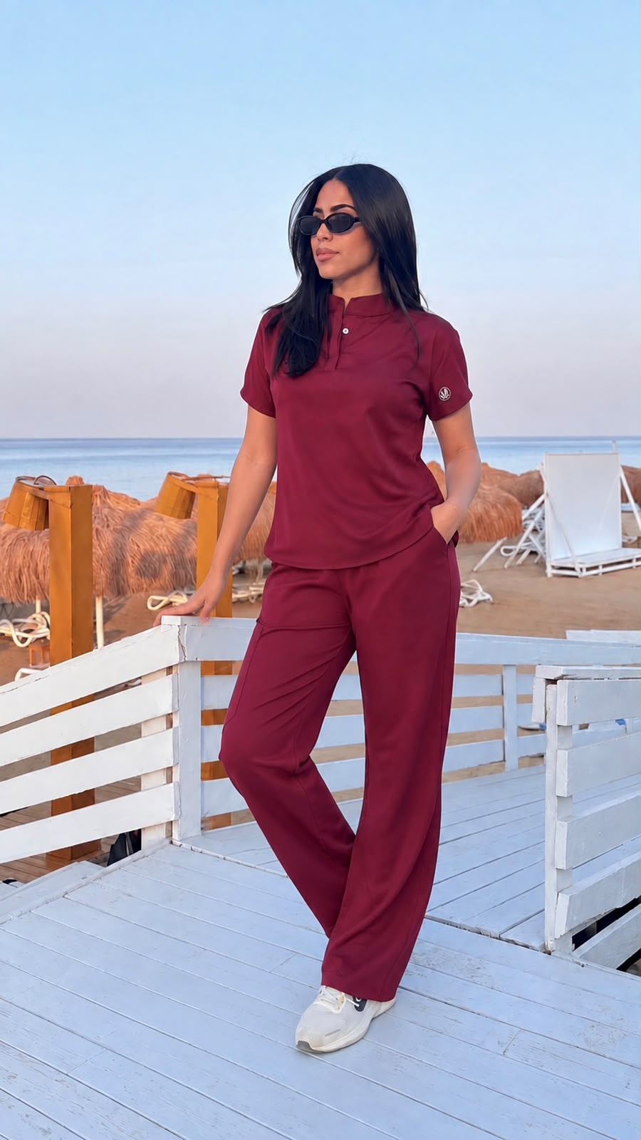 Female burgundy half collar Scrub
