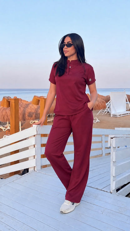 Female burgundy half collar Scrub
