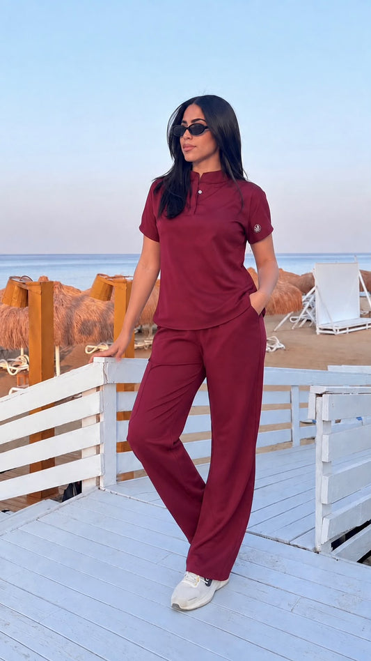 Female burgundy half collar Scrub