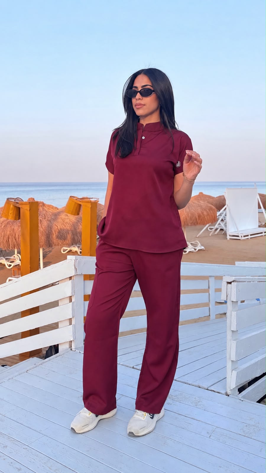 Female burgundy half collar Scrub